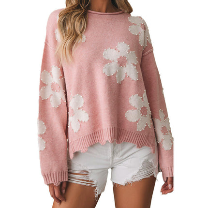 Drop Shoulder Long Sleeve Top Women's Sweet Beaded Flower Printed Sweater