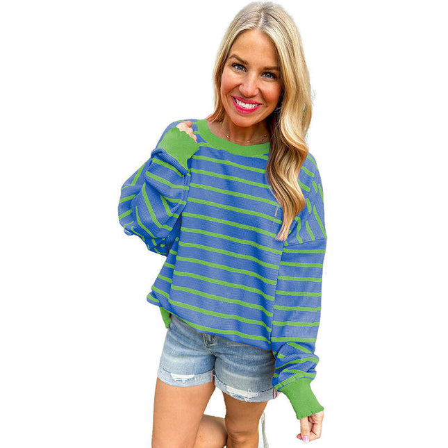 Round Neck Long Sleeve Knit Top Women's Casual Striped Contrast Color Sweater