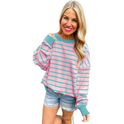 Round Neck Long Sleeve Knit Top Women's Casual Striped Contrast Color Sweater