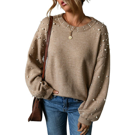 Fashion Beaded Drop Shoulder Round Neck Sweater Women Long Sleeve Pullover Top