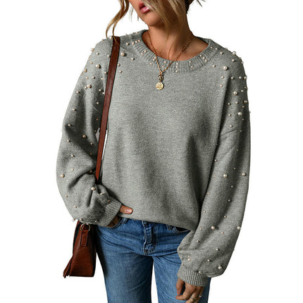 Fashion Beaded Drop Shoulder Round Neck Sweater Women Long Sleeve Pullover Top