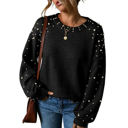 Fashion Beaded Drop Shoulder Round Neck Sweater Women Long Sleeve Pullover Top