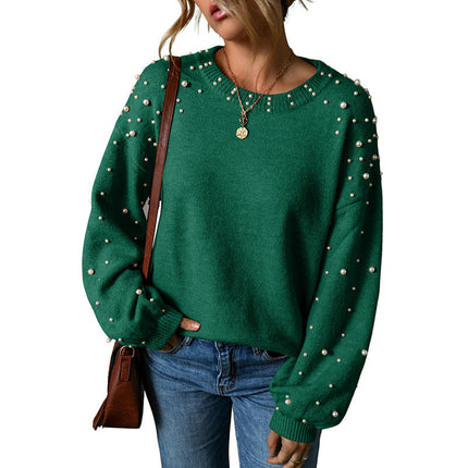Fashion Beaded Drop Shoulder Round Neck Sweater Women Long Sleeve Pullover Top