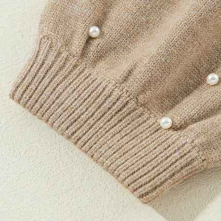 Fashion Beaded Drop Shoulder Round Neck Sweater Women Long Sleeve Pullover Top