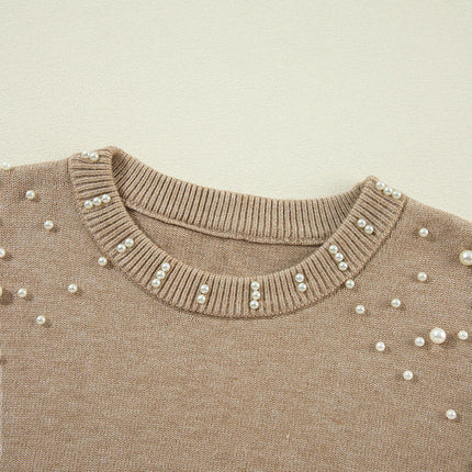 Fashion Beaded Drop Shoulder Round Neck Sweater Women Long Sleeve Pullover Top