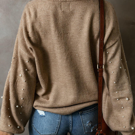 Fashion Beaded Drop Shoulder Round Neck Sweater Women Long Sleeve Pullover Top