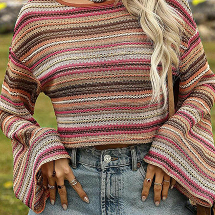 Women's Fashion Colorblock Striped Cropped Sweater Loose Bell Sleeve Top