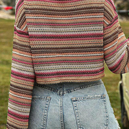 Women's Fashion Colorblock Striped Cropped Sweater Loose Bell Sleeve Top