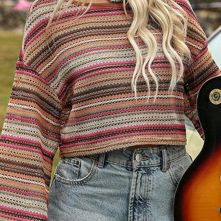 Women's Fashion Colorblock Striped Cropped Sweater Loose Bell Sleeve Top