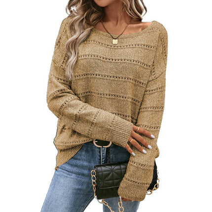 Women's Solid Color Hollow Drop Shoulder Sweater Casual Loose Pullover Sweater