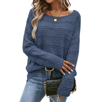 Women's Solid Color Hollow Drop Shoulder Sweater Casual Loose Pullover Sweater