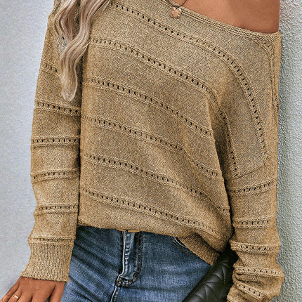 Women's Solid Color Hollow Drop Shoulder Sweater Casual Loose Pullover Sweater