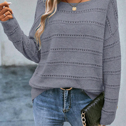 Women's Solid Color Hollow Drop Shoulder Sweater Casual Loose Pullover Sweater
