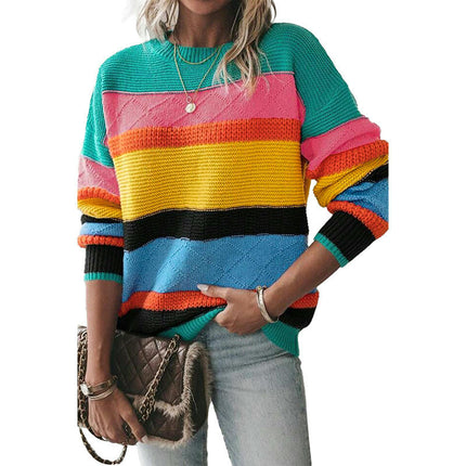 Women's Rainbow Colorblock Textured Sweater Long Sleeve Crewneck Cardigan