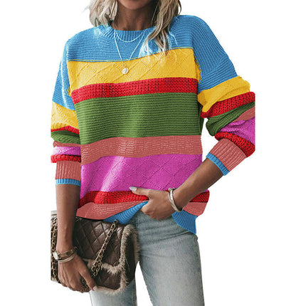 Women's Rainbow Colorblock Textured Sweater Long Sleeve Crewneck Cardigan