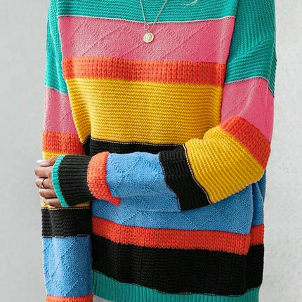 Women's Rainbow Colorblock Textured Sweater Long Sleeve Crewneck Cardigan