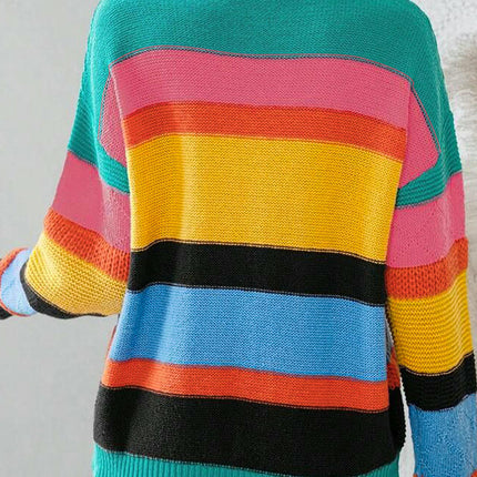 Women's Rainbow Colorblock Textured Sweater Long Sleeve Crewneck Cardigan