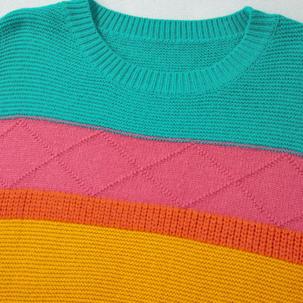 Women's Rainbow Colorblock Textured Sweater Long Sleeve Crewneck Cardigan