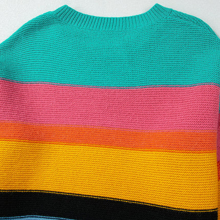 Women's Rainbow Colorblock Textured Sweater Long Sleeve Crewneck Cardigan