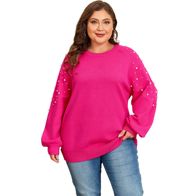 Women's Large Size Pullover Round Neck Sweater Pearl Stitching Long Sleeve Top