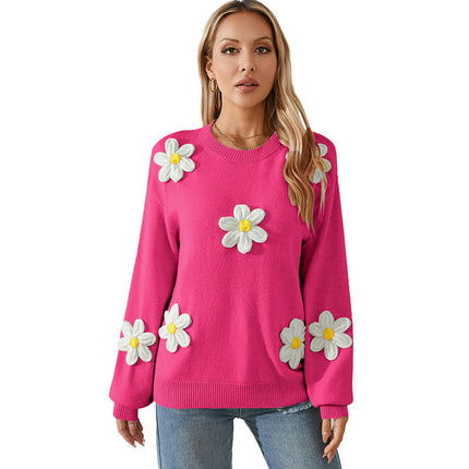 Womens Pullover Round Neck Long Sleeve Top Casual Fashion Floral Crochet Sweater