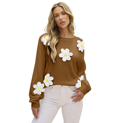 Womens Pullover Round Neck Long Sleeve Top Casual Fashion Floral Crochet Sweater