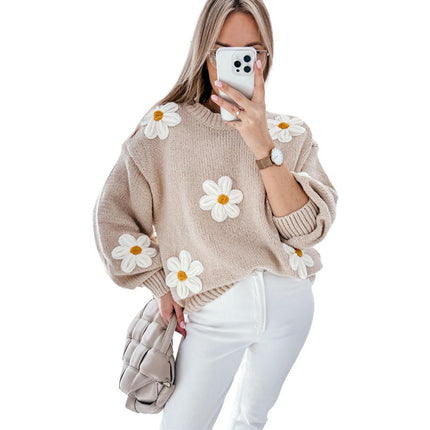 Womens Pullover Round Neck Long Sleeve Top Casual Fashion Floral Crochet Sweater