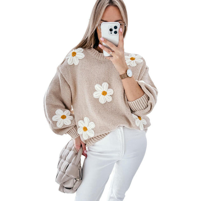 Womens Pullover Round Neck Long Sleeve Top Casual Fashion Floral Crochet Sweater