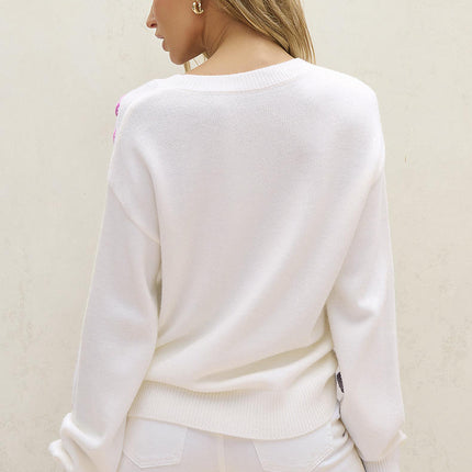 Womens Pullover Round Neck Long Sleeve Top Casual Fashion Floral Crochet Sweater