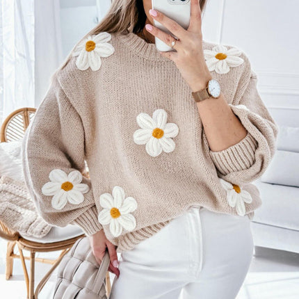 Womens Pullover Round Neck Long Sleeve Top Casual Fashion Floral Crochet Sweater