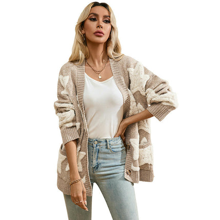 Women's Plush Star Button Knitted Cardigan Casual Long Sleeve Pocket Cardigan
