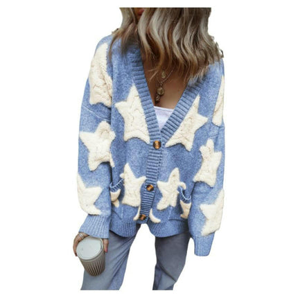 Women's Plush Star Button Knitted Cardigan Casual Long Sleeve Pocket Cardigan