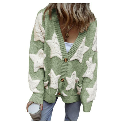 Women's Plush Star Button Knitted Cardigan Casual Long Sleeve Pocket Cardigan