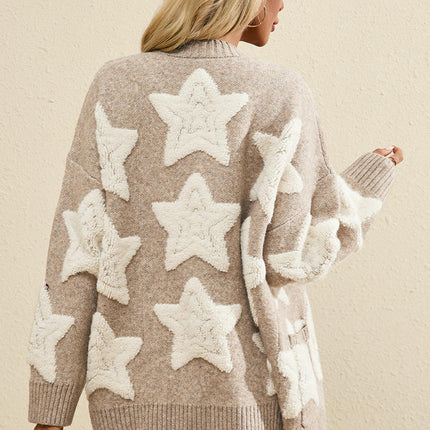 Women's Plush Star Button Knitted Cardigan Casual Long Sleeve Pocket Cardigan