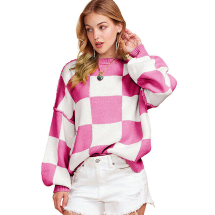 Checkered Printed Long Sleeve Top Womens Autumn Warm Pullover Round Neck Sweater