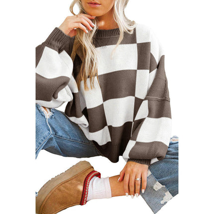 Checkered Printed Long Sleeve Top Womens Autumn Warm Pullover Round Neck Sweater