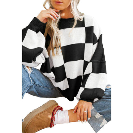 Checkered Printed Long Sleeve Top Womens Autumn Warm Pullover Round Neck Sweater