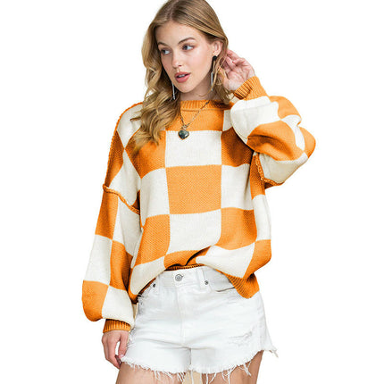 Checkered Printed Long Sleeve Top Womens Autumn Warm Pullover Round Neck Sweater