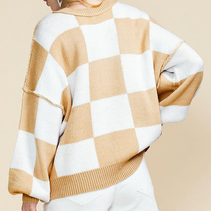 Checkered Printed Long Sleeve Top Womens Autumn Warm Pullover Round Neck Sweater