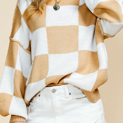 Checkered Printed Long Sleeve Top Womens Autumn Warm Pullover Round Neck Sweater