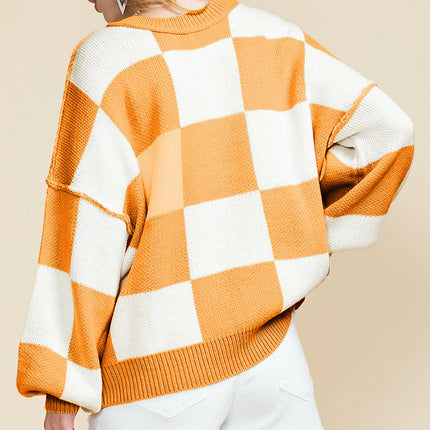 Checkered Printed Long Sleeve Top Womens Autumn Warm Pullover Round Neck Sweater