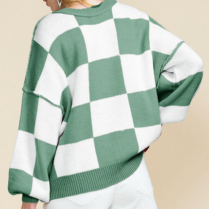 Checkered Printed Long Sleeve Top Womens Autumn Warm Pullover Round Neck Sweater