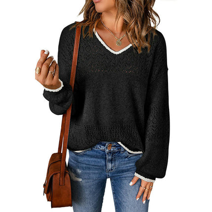 Women's Hollow Pullover Sweater Long Sleeve Loose Slim Fit V-neck Sweater