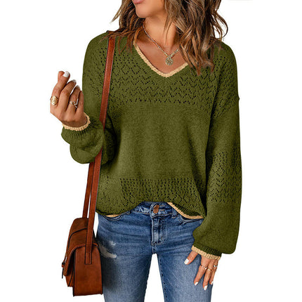 Women's Hollow Pullover Sweater Long Sleeve Loose Slim Fit V-neck Sweater