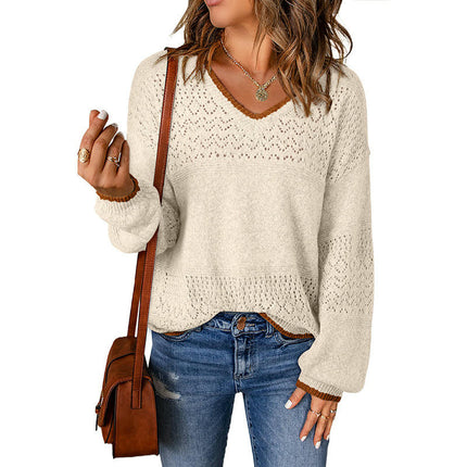 Women's Hollow Pullover Sweater Long Sleeve Loose Slim Fit V-neck Sweater