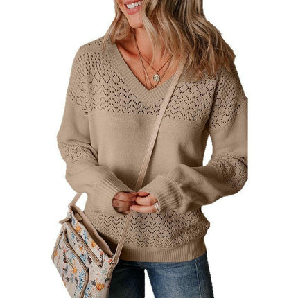 Women's Hollow Pullover Sweater Long Sleeve Loose Slim Fit V-neck Sweater
