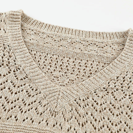 Women's Hollow Pullover Sweater Long Sleeve Loose Slim Fit V-neck Sweater