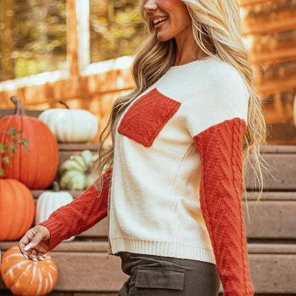 Women's Pullover Round Neck Knitted Sweater Casual Colorblock Long Sleeve Top