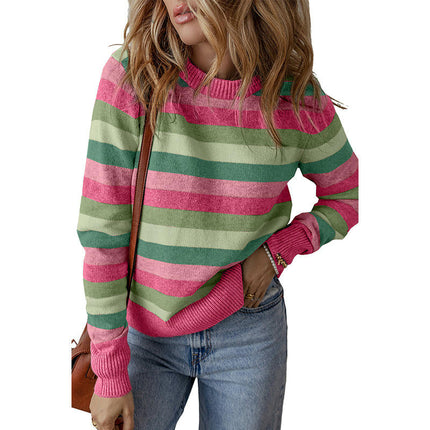 Women's Pullover Round Neck Long Sleeve Top Casual Color Block Printed Sweater
