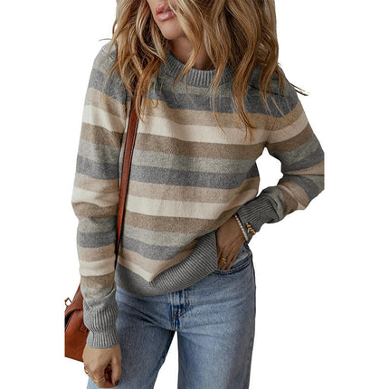 Women's Pullover Round Neck Long Sleeve Top Casual Color Block Printed Sweater